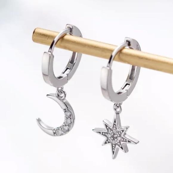 NEW 925 STERLING SILVER DIAMOND MOON STAR HOOPS, nice hoops, cute hoops - Picture 7 of 7